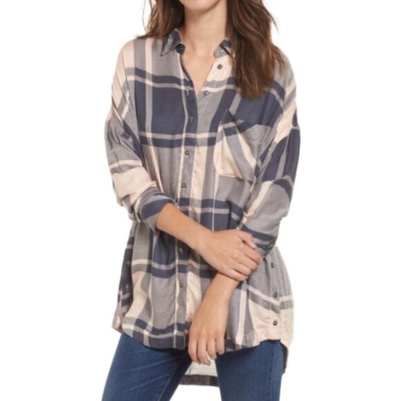 Free People Pink and Blue Oversized Plaid Tunic XS - Picture 2 of 6